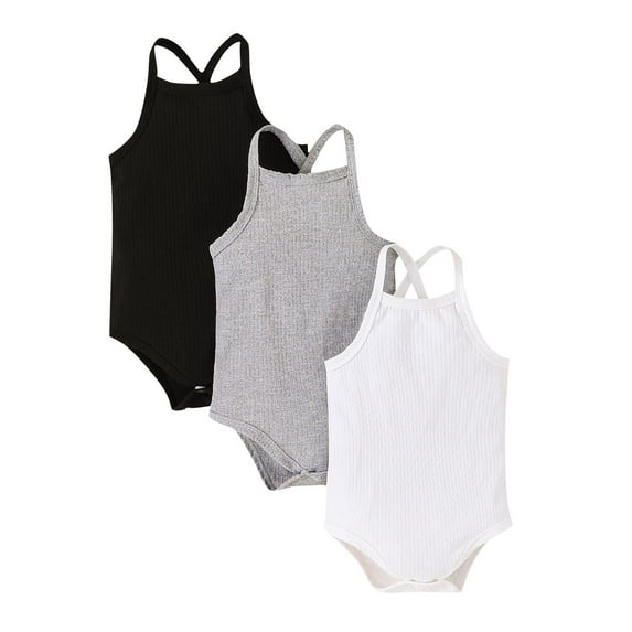 Kovlvoll 3pc Baby Girl Boy Clothes Summer Cotton Rompers Crewneck Sleeveless Strap Lightweight Solid Color Jumpsuit