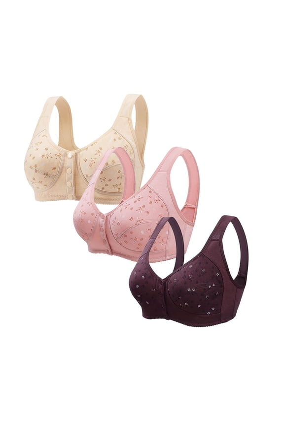 3pc Front Closure Bras for Older Women Plus Size Printing No Underwire Comfy Full Coverage Everyday Bra
