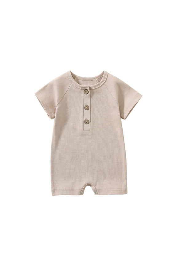 Baby Girls Boys Clothes Rompers Short Sleeve Ribbed Button Crewneck Newborn Summer Jumpsuits Overalls