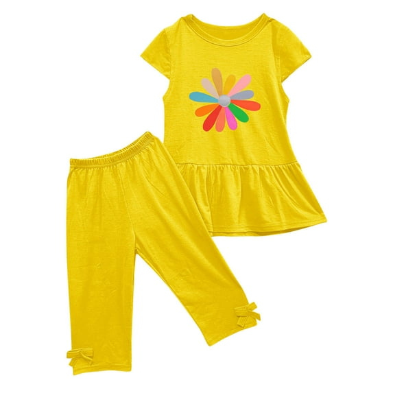 Kovlvoll Baby Toddler Girls Clothes Outfits Crewneck Short Sleeve Printed Shirt Tops with Capri Pants 2 Piece Set