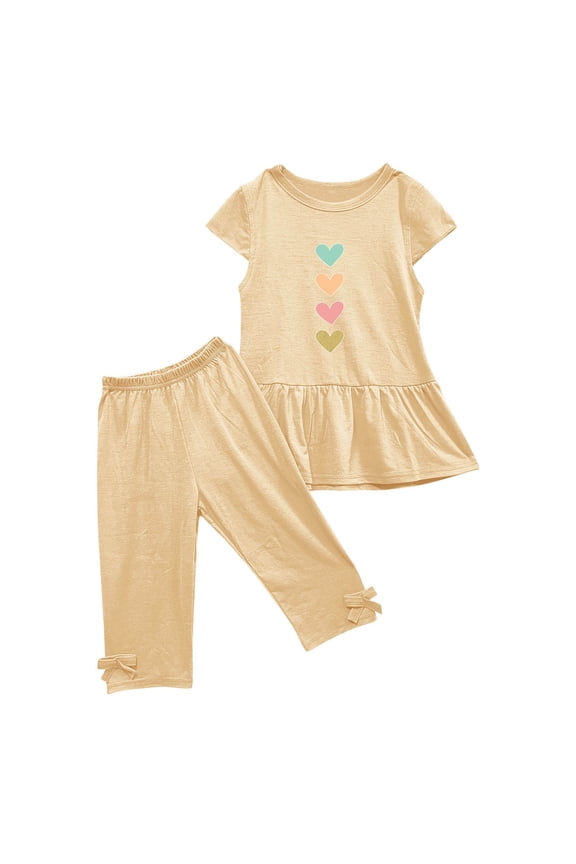 Baby Toddler Girls Clothes Outfits Crewneck Short Sleeve Printed Shirt Tops with Capri Pants 2 Piece Set