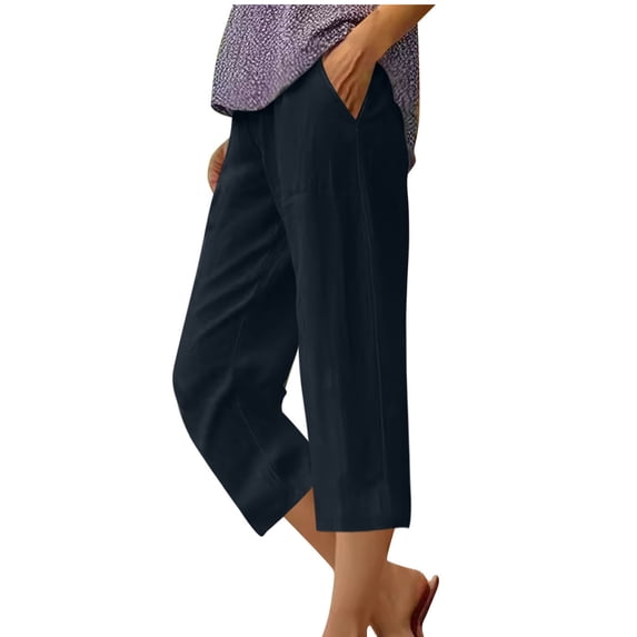 Kovlvoll Capri Pants for Women Cotton Linen Lightweight Loose Casual Wide Leg Elastic Waist Capris with Pockets