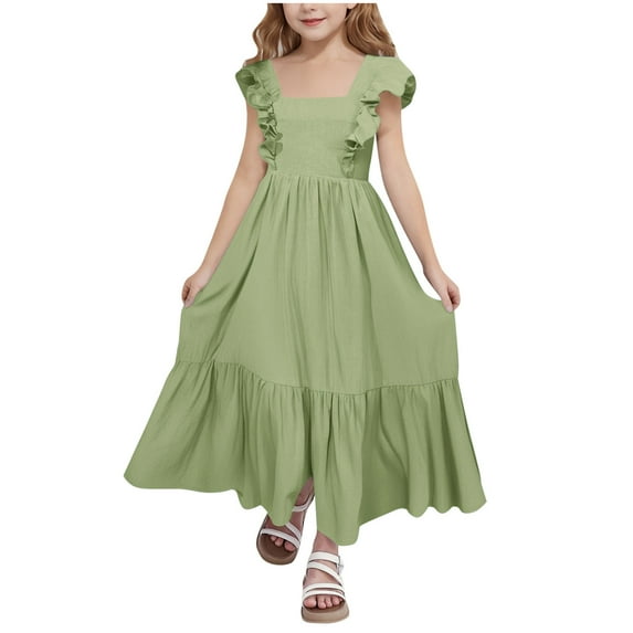 Kovlvoll Child Girls Summer Dress Clothes Ruffle Sleeveless Bow Backless Solid Color Pleated Long Dresses