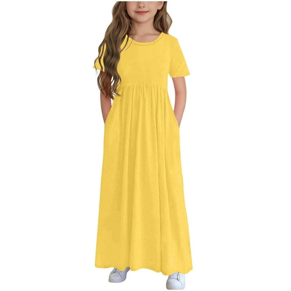 Kovlvoll Children's Girl Dress Solid Color Short Sleeve Round-Neck Loose Casual Long Dresses with Pockets