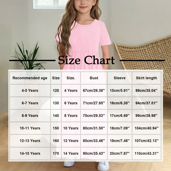 Kovlvoll Children's Girl Dress Solid Color Short Sleeve Round-Neck Loose Casual Long Dresses with Pockets