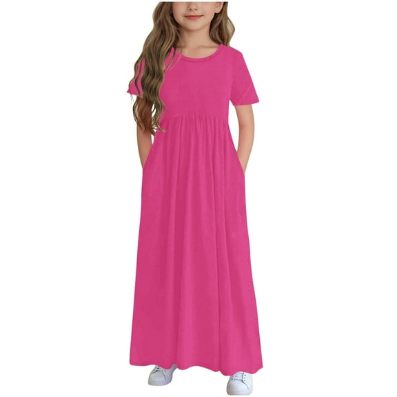 Kovlvoll Children's Girl Dress Solid Color Short Sleeve Round-Neck Loose Casual Long Dresses with Pockets