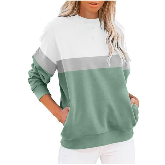 Kovlvoll Crewneck Sweatshirts for Women Long Sleeve Shirts Loose Casual Color Block Fleece Fall Pullover Tops with Pockets