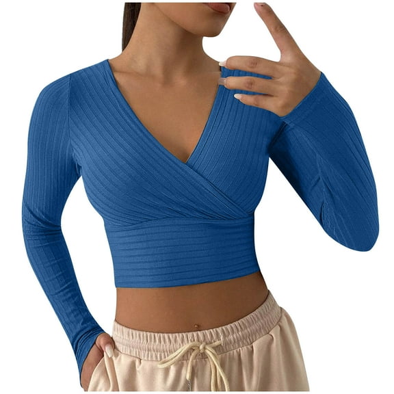 Kovlvoll Crop Tops for Women Plus Size Long Sleeve V Neck Fashion Solid Color Slim Fitted Top Blouses