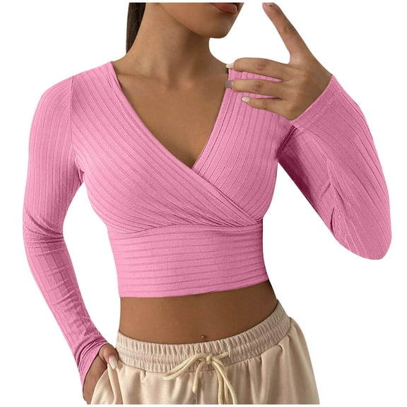 Kovlvoll Crop Tops for Women Plus Size Long Sleeve V Neck Fashion Solid Color Slim Fitted Top Blouses