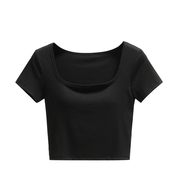 Kovlvoll Crop Tops for Women Square Neck Short Sleeve Casual Summer Solid Color Comfy Top with Padded