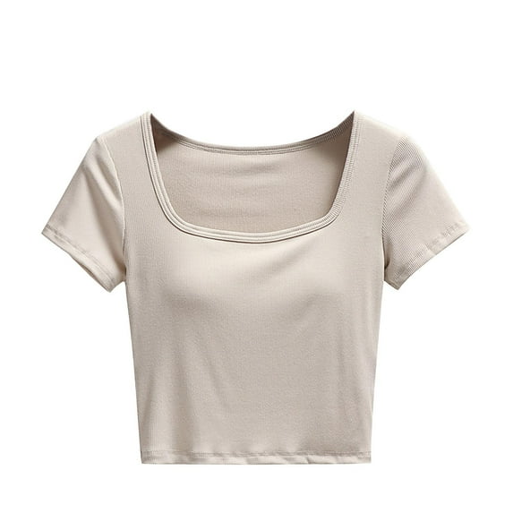 Kovlvoll Crop Tops for Women Square Neck Short Sleeve Casual Summer Solid Color Comfy Top with Padded