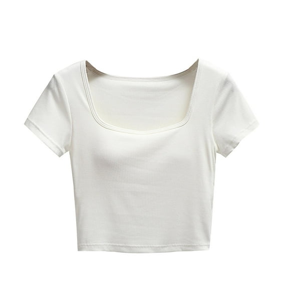 Kovlvoll Crop Tops for Women Square Neck Short Sleeve Casual Summer Solid Color Comfy Top with Padded
