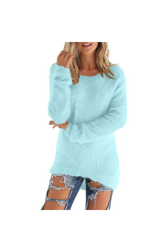 Fuzzy Tops for Women Crewneck Long Sleeve Shirts Fall Fleece Lined Thick Warm Loose Casual Pullover Top