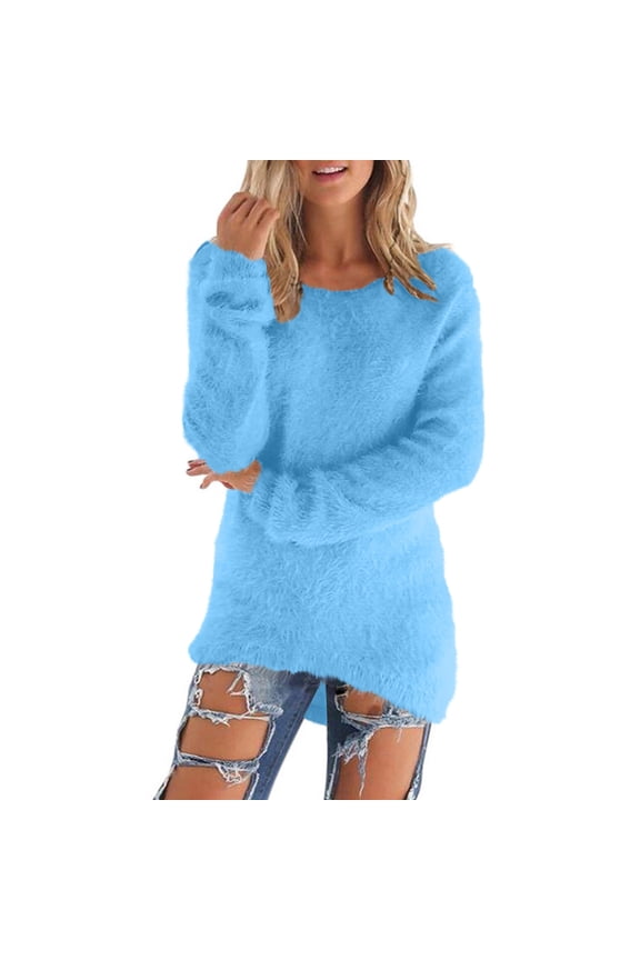 Fuzzy Tops for Women Crewneck Long Sleeve Shirts Fall Fleece Lined Thick Warm Loose Casual Pullover Top