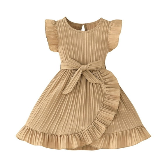 Kovlvoll Girl Summer Dress Fashion Ruffle Short Sleeve Bow Belt Solid Color Dresses Princess Skirt for Child Girls