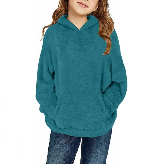 Kovlvoll Girls Fuzzy Fleece Hoodies Children Winter Sherpa Casual Warm Long Sleeve Pullover Sweatshirts with Pockets 5-14 Years