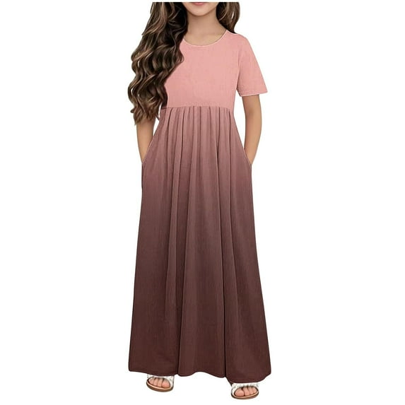 Kovlvoll Girls Summer Dress Crew Neck Short Sleeve Pleated Loose Casual Long Dresses with Pockets for Teen Girl