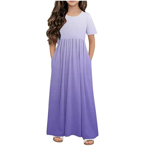Kovlvoll Girls Summer Dress Crew Neck Short Sleeve Pleated Loose Casual Long Dresses with Pockets for Teen Girl