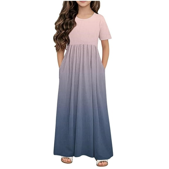 Kovlvoll Girls Summer Dress Crew Neck Short Sleeve Pleated Loose Casual Long Dresses with Pockets for Teen Girl