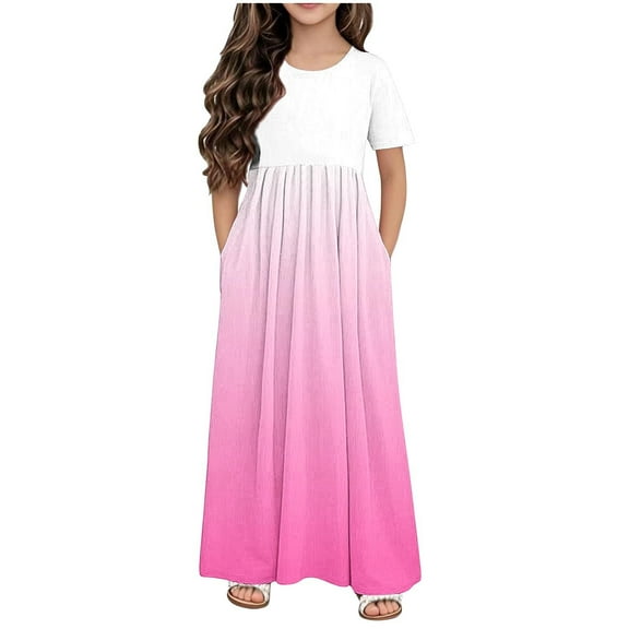 Kovlvoll Girls Summer Dress Crew Neck Short Sleeve Pleated Loose Casual Long Dresses with Pockets for Teen Girl