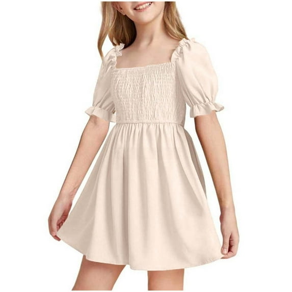 Kovlvoll Girls Summer Ruffle Short Sleeve Dresses Child Girl Pleated Solid Color Loose Casual Dresses 2-13 Years
