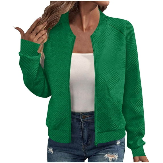 Kovlvoll Jackets for Women Zip up Long Sleeve Lightweight Casual Crewneck Collar Coat Fall Outerwear Tops