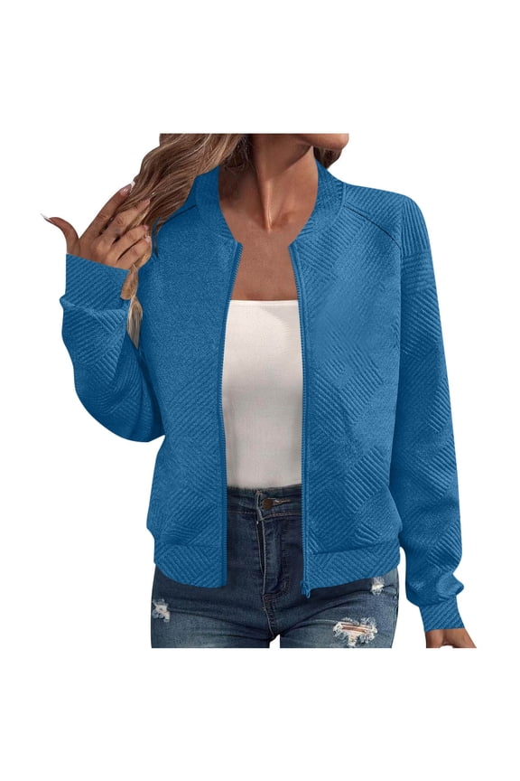 Jackets for Women Zip up Long Sleeve Lightweight Casual Crewneck Collar Coat Fall Outerwear Tops