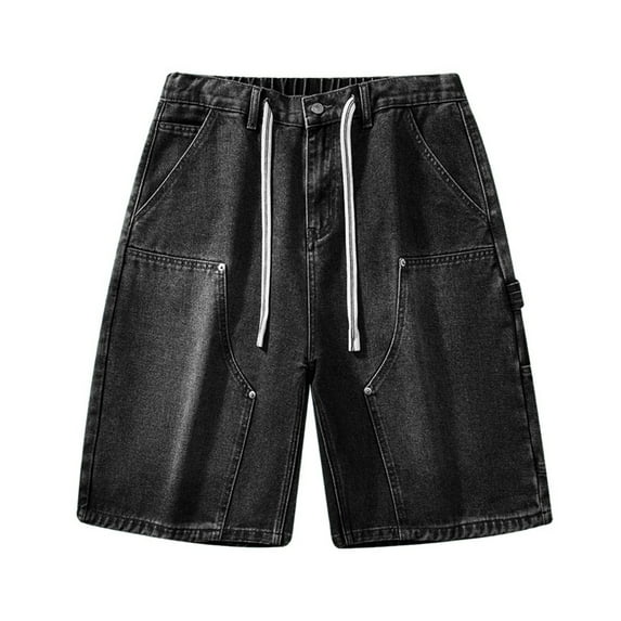 Kovlvoll Jean Shorts Men Wide Leg Elastic Waist Drawstring Loose Casual Solid Color Denim Shorts with Pockets
