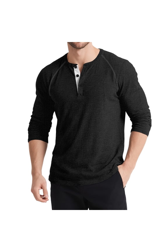Long Sleeve Shirts for Men 2 Button Crewneck Loose Casual Lightweight Comfy Loungewear Dailywear T-Shirt Tops
