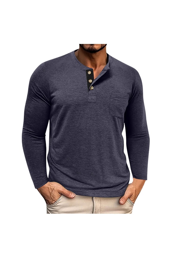 Long Sleeve Shirts for Men Button Crewneck Lightweight Loose Casual Comfy Basic Shirt Tops with Pockets