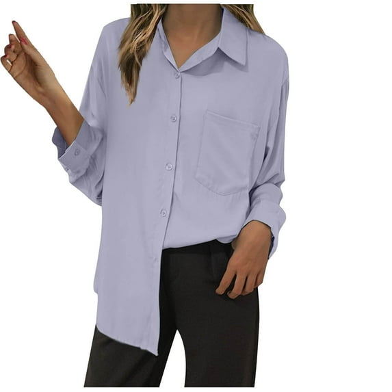 Kovlvoll Long Sleeve Shirts for Women Lapel Collared Button down Lightweight Casual Comfy Solid Color Tops with Pocket