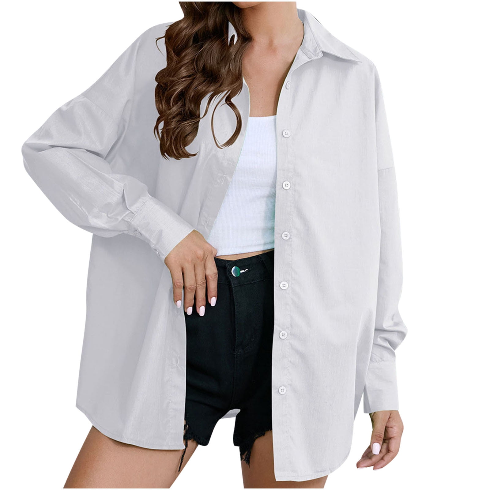 Kovlvoll Long Sleeve Shirts for Women Lapel Collared Button up Shirt ...
