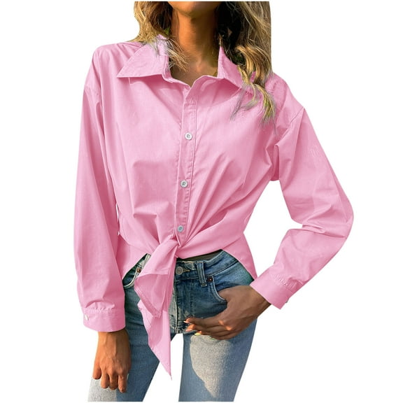 Kovlvoll Long Sleeve Tops for Women Button up Shirts Lapel Collared Casual Solid Color Shirt Blouse