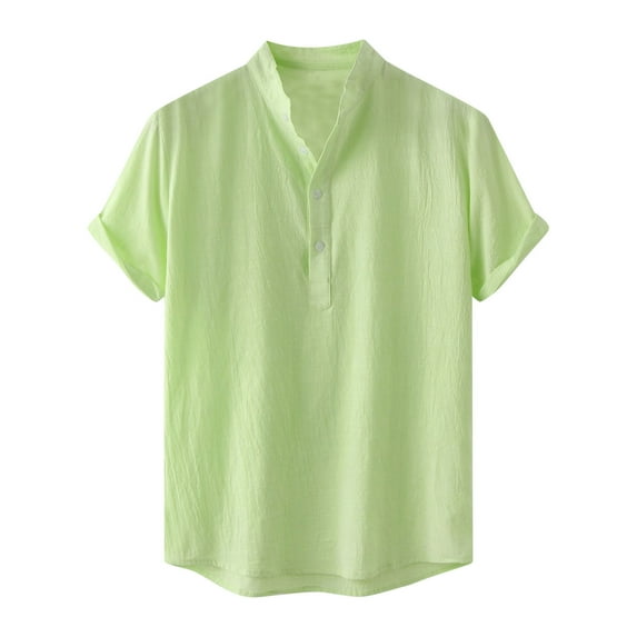 Kovlvoll Men Shirts Summer Cotton Linen Lightweight Casual Short Sleeve Button V Neck Solid Color Comfy T-Shirt Top