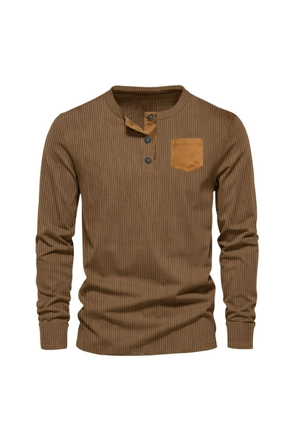 Men's Long Sleeve Shirts Corduroy 3 Button Crewneck Tops Loose Casual Fall Comfy Loungewear Shirt with Pockets