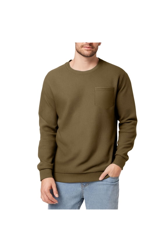 Men's Long Sleeve Shirts Crewneck Loose Casual Lightweight Comfy Basic Shirt Fall Solid Color Tops with Pockets