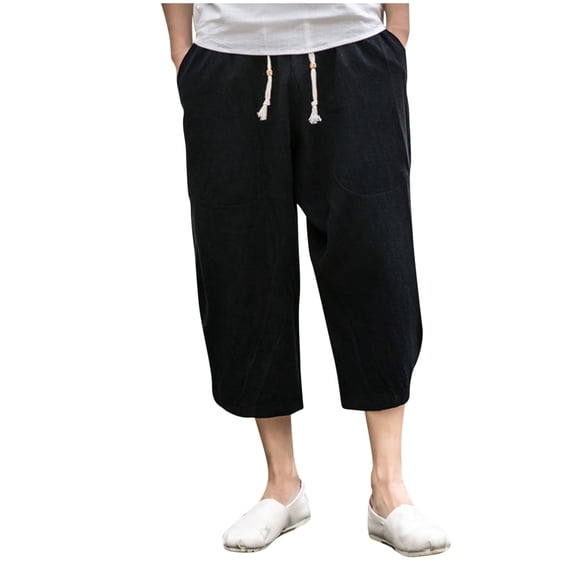 Kovlvoll Men's Plus Size Capris Casual Cotton Linen Cropped Pants Drawstring Elastic Waisted Pant with Pockets