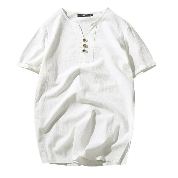 Kovlvoll Mens Shirts Plus Size Lightweight Comfy Casual Cotton Linen Button V Neck Short Sleeve Solid Color T-Shirt