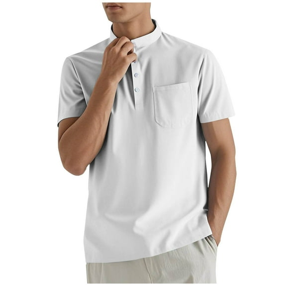 Kovlvoll Mens Shirts Summer Casual Classic Short Sleeve Button V Neck Solid Color Basic Shirt with Pocket