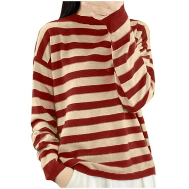 Kovlvoll Oversized Sweaters for Women Plus Size Crewneck Long Sleeve Loose Casual Knitted Striped Pullover Top