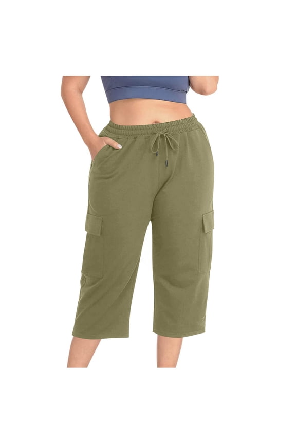 Plus Size Capris Pants for Women High Waisted Elastic Drawstring Straight Leg Workout Running Cropped Pant with Pockets