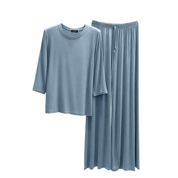 Kovlvoll Plus Size Pajama Sets for Women Crewneck 3/4 Sleeve Tops with Wide Leg Pants Lightweight Comfy Sleepwear 2 Piece Outfits