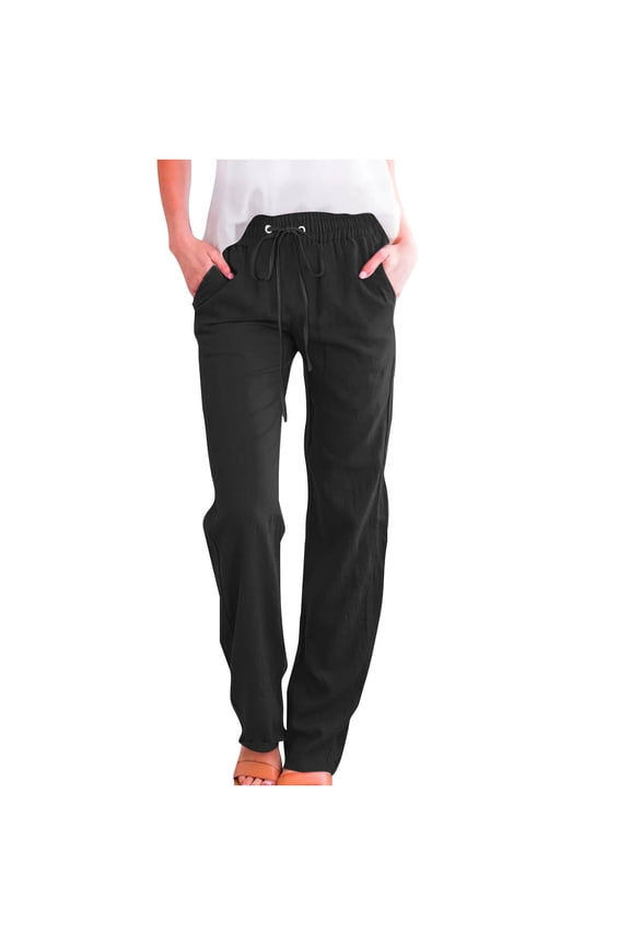 Plus Size Pants Drawstring Straight Leg Cotton Linen Lightweight Pants for Women Summer Slacks Trousers