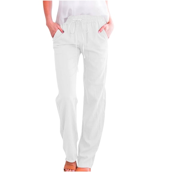 Kovlvoll Plus Size Pants Drawstring Straight Leg Cotton Linen Lightweight Pants for Women Summer Slacks Trousers