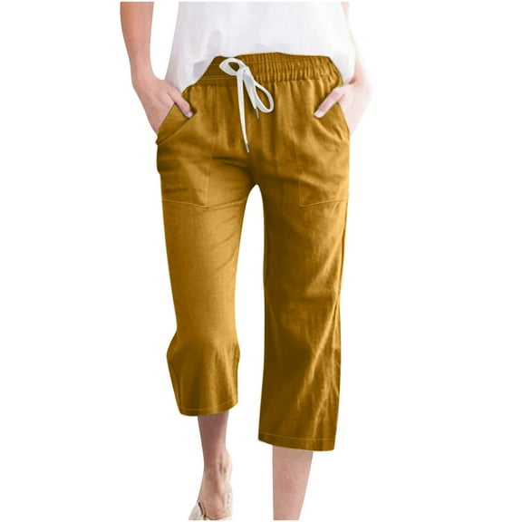 Kovlvoll Plus Size Pants for Women Cotton Linen Wide Leg Elastic Drawstring High Waist Casual Capris Pant with Pockets