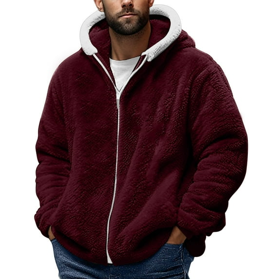 Kovlvoll Plus Size Sherpa Jackets for Men Long Sleeve Zip up Hoodies Winter Fuzzy Thicken Warm Outwear Jacket
