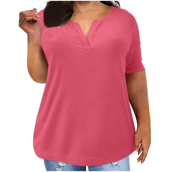 Kovlvoll Plus Size Tops Women V Neck Short Sleeve Shirt Solid Color Casual Oversized Summer T-Shirt Basic Top