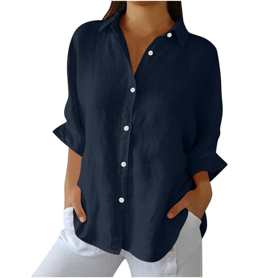 Kovlvoll Plus Size Tops for Women 3/4 Sleeve Lapel Collared Button down Shirts Summer Lightweight Solid Color Top