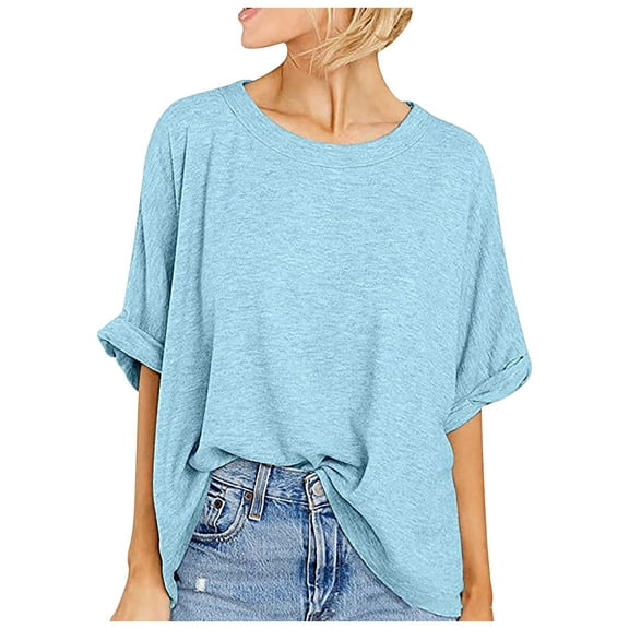 Kovlvoll Plus Size Tops for Women Crew Neck Half Sleeve Oversized T-Shirt Summer Casual Loose Fitted Plain Basic Tees