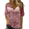 thumbnail image 1 of Kovlvoll Plus Size Tops for Women Sequined Velvet Patchwork V Neck Short Sleeve Shirt Summer Solid Color Fashion Blouse, 1 of 5